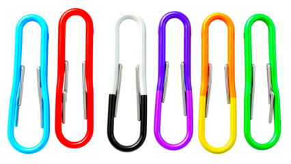colored paper clips.Colorful paperclip set 3d illustration icon isolated on transparent background. Red, metallic, white, black, purple, blue, green and orange paper clip png