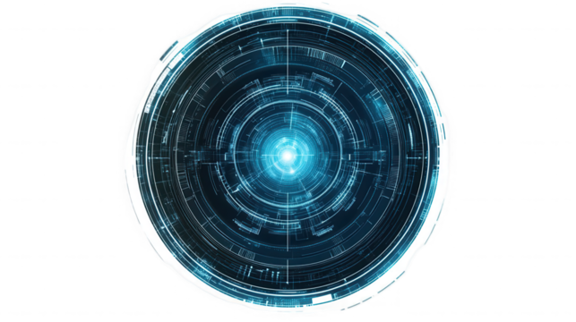 Circular technology interface with glowing center on black background on transparent background
