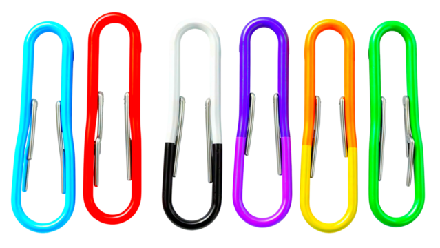 colored paper clips.Colorful paperclip set 3d illustration icon isolated on transparent background. Red, metallic, white, black, purple, blue, green and orange paper clip png