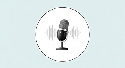Professional studio microphone with sound waves graphic, depicting podcasting, voice recording, radio, and audio production for digital content