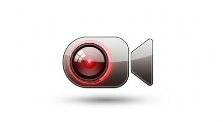 A sleek, modern video camera icon with a glowing red lens, symbolizing recording and multimedia, isolated on