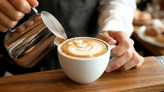 Final Preparation of Latte or Cappuccino Coffee for a Delicious Breakfast, Emphasizing the Finishing Touch.