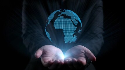 A captivating visual of hands holding a glowing digital globe, symbolizing global connectivity and modern communication through a network of people icons and technology. Qubit - Powered by Adobe