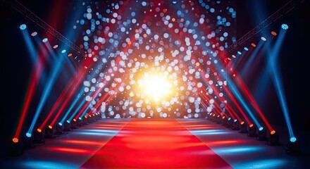 Spectacular Red Carpet Entrance with Dramatic Lighting and Confetti Display