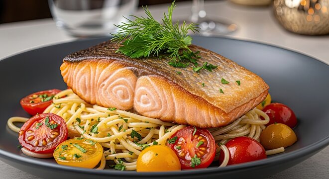 Delicious Pan Seared Salmon Fillet Served Over Fresh Pasta With Cherry Tomatoes