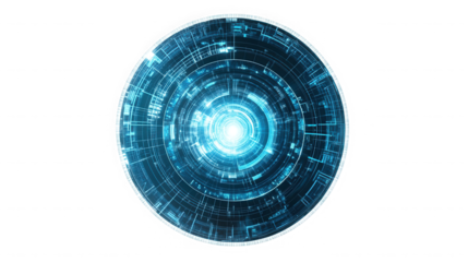 A glowing circular tech design on a black isolated background on transparent background