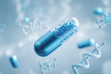 A blue capsule contains blue particles. White molecular structures and DNA double helix structures float around the capsule.