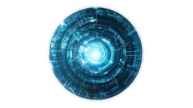 A glowing circular tech design on a black isolated background on transparent background