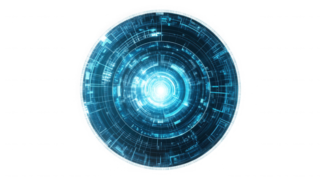A glowing circular tech design on a black isolated background on transparent background - Powered by Adobe