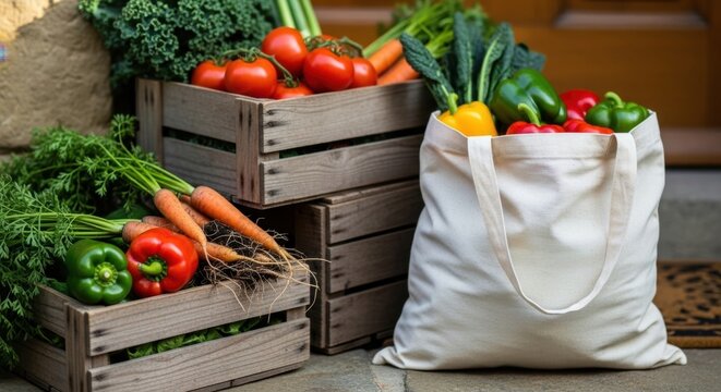 Fresh organic vegetable harvest displayed in wooden crates next to a reusable cloth grocery bag full of produce