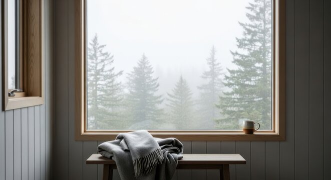 Cozy interior view through a large window overlooking a foggy evergreen forest with a blanket and mug