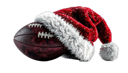 American football adorned with a festive Santa hat on a black background.