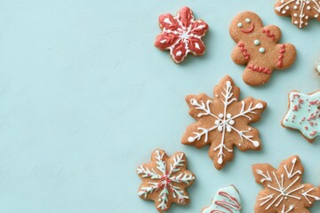 Assorted gingerbread cookies with white, red, and turquoise icing arranged on a light blue background, creating copy space