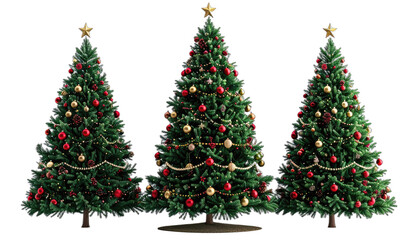 Three decorated Christmas trees with gold stars on top against a black background.