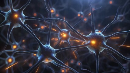 3D visualization of brain neurons transmitting electrical signals through glowing synapses, showing neural network communication. - Powered by Adobe