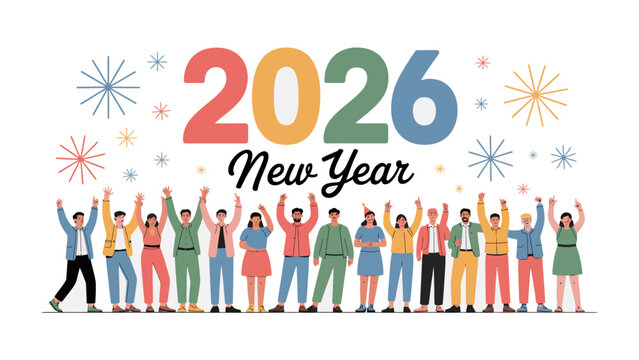 Celebrating New Year 2026: A diverse group of people joyfully celebrates the arrival of 2026, creating a sense of unity and hope. 