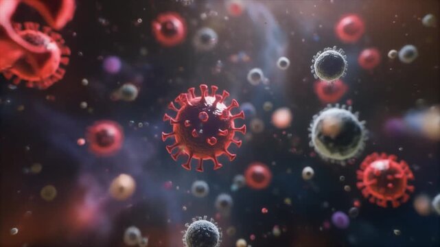 Microscopic 3D illustration of virus particles with protein spikes floating inside cellular environment.