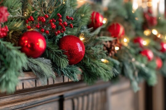 Christmas garland adorning a wooden mantel, featuring red ornaments, berries, pinecones, and warm lights. Festive holiday background with copy space