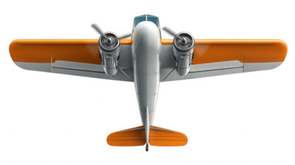 Aerial view of a vintage airplane with orange wings and propellers on transparent background