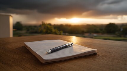 Obraz premium Pen and notebook on a wooden table under a dramatic sunset sky with stormy clouds