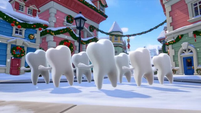A group of tooth characters dance in a snowy square. Joyful 3D animation for dental clinic festive celebration videos.