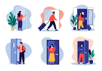 Collection of scenes showing various people opening entering and exiting through doors some arriving or leaving with luggage.