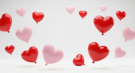 floating glossy red pink hearts on white background with copy space. Romantic composition for Valentine's Day greeting card, wedding invitation, love concept banner, social media marketing templates.