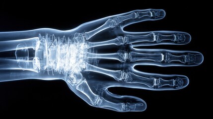 X-ray hand image: A detailed X-ray of a human hand revealing the intricate structure of bones and joints, highlighting the complexity and functionality of the human body. 