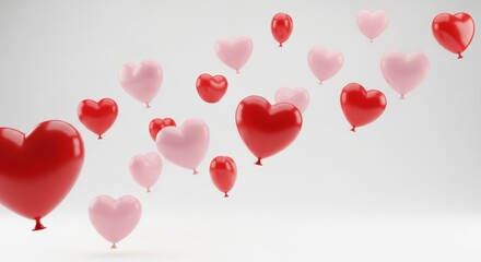 floating glossy red pink hearts on white background with copy space. Romantic composition for Valentine's Day greeting card, wedding invitation, love concept banner, social media marketing templates.