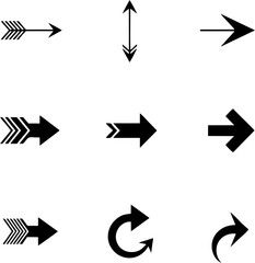 A collection of various black arrow icons and symbols on a white background, showcasing different styles and directions for graphic design.