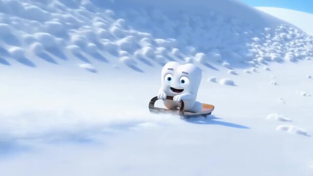 An adventurous tooth character sleds down a snowy hill. Dynamic 3D animation for exciting dental health marketing.