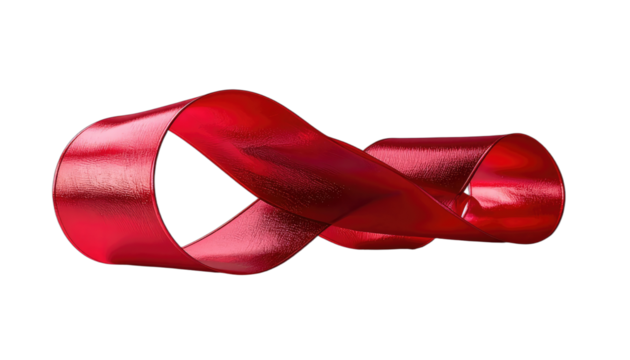 A shiny red ribbon forms a Mobius strip against a black background.