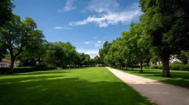 A wide sunlit park lawn with a winding dirt path bordered by lush green trees under a clear blue sky with sparse clouds