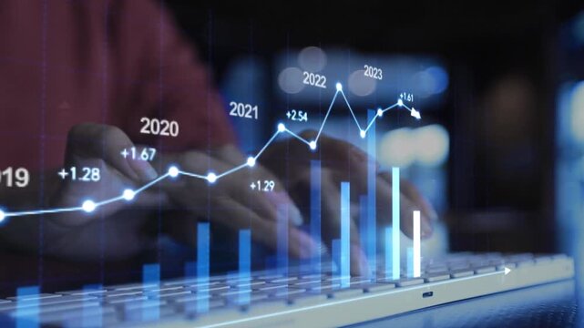 2026 Businesswoman analyzing company revenue, financial balance sheet working with digital virtual graphics Businesswoman calculating financial data for long term investment growth goals