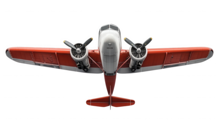 Aerial view of red and white vintage airplane on black background on transparent background