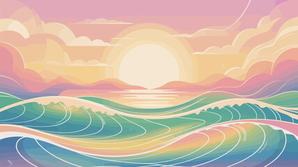 Obraz premium Vibrant vector illustration of a tranquil ocean sunset with colorful waves and sky