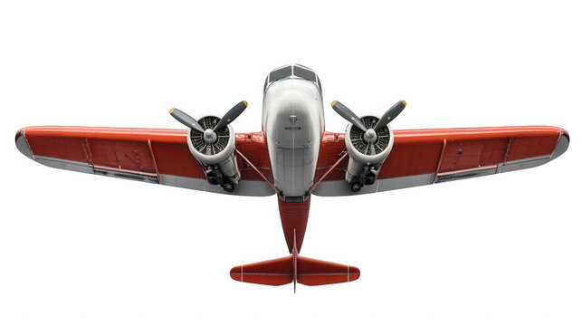 Aerial view of red and white vintage airplane on black background on transparent background - Powered by Adobe