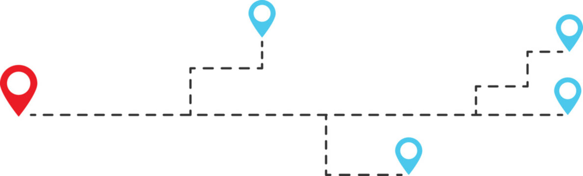 Map route with multiple location pins and dashed line path