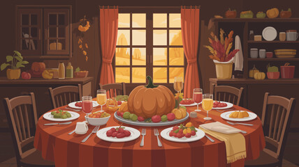 A cozy autumn dining room scene features a festive table laden with a pumpkin and harvest food.