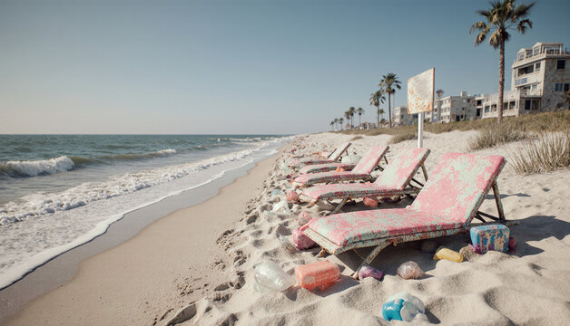 Colorful beach loungers resting on a sunny shoreline with gentle ocean waves Generative AI