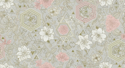 Elegant floral pattern with geometric accents and pastel color palette