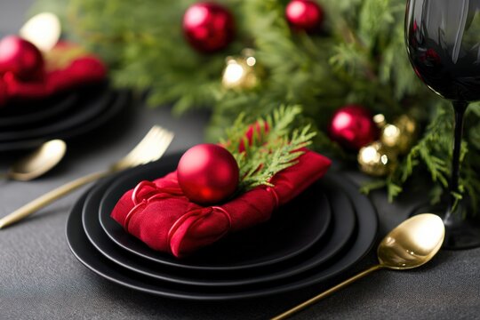 Festive Christmas table setting featuring black plates, red napkin, gold cutlery, and evergreen garland with ornaments
