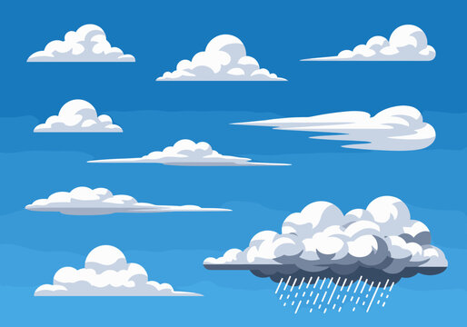 Collection of various white and gray cartoon clouds in a blue sky including a dark cloud with falling rain illustration.