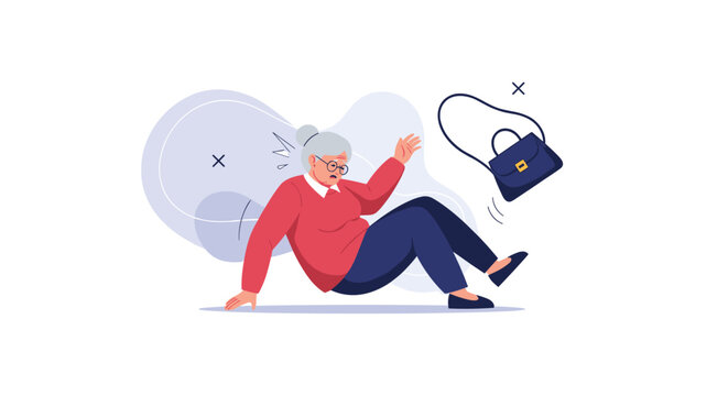Elderly woman with glasses falling down in a slip accident, looking shocked as her handbag flies into the air, a safety concept.