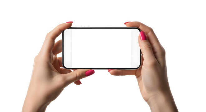 Woman s hands holding a smartphone with a blank screen isolated on transparent background