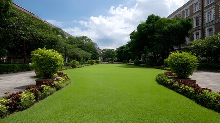 Fototapeta premium A bright green lawn in a university quad surrounded by trees and historic buildings