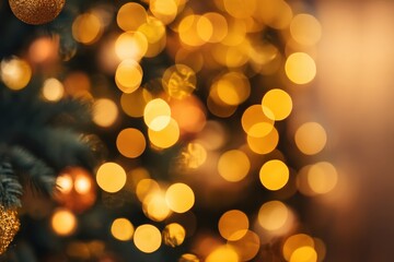 Obraz premium Golden Christmas bokeh lights creating a festive, sparkling background with shimmering warm tones and soft glowing circles and copy space