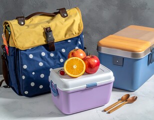 A school bag, lunchboxes, fruit, and utensils are arranged on a surface