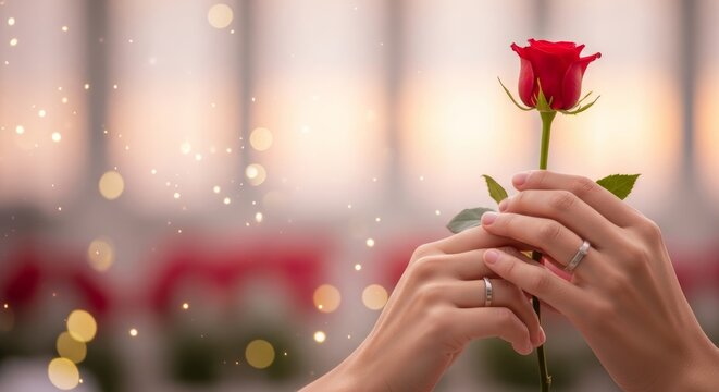 Two hands of a couple hold a red rose, symbolizing love and commitment, with engagement rings visible, ideal for Valentines Day and anniversary celebration.