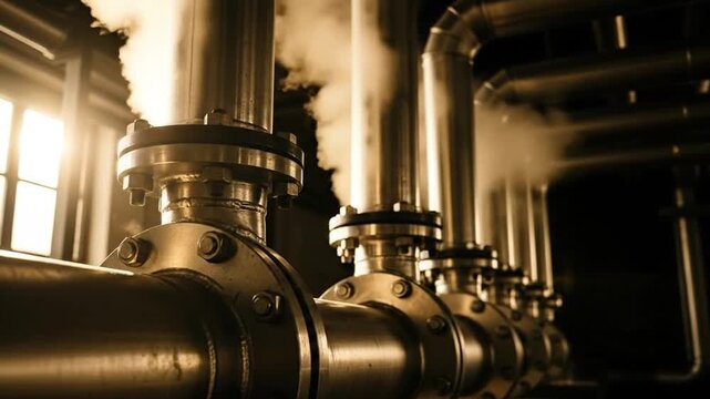 Industrial Pipes System with Steaming Vents and Metallic Connections Under Lights